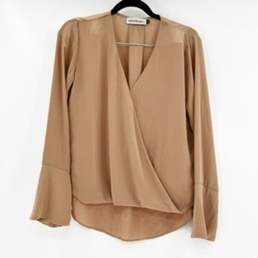 Veronica M Tan Faux‎ Wrap Bell Sleeve Blouse Top Women's Size M